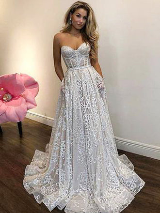 Gorgeous Off Shoulder Sweetheart Zip Up Long A-line Lace Wedding Dresses, WD0148
