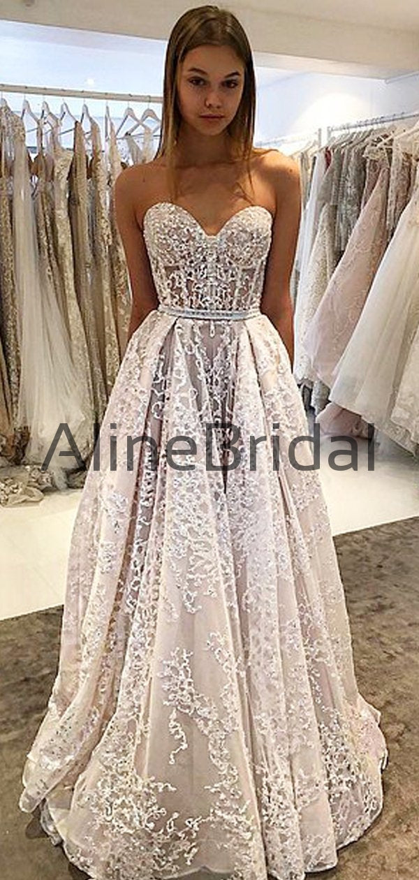 Shiny Lace Strapless A line Charming Wedding Dresses AB1517 AlineBridal