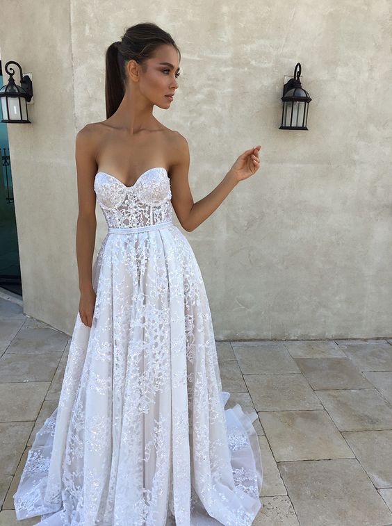 Strapless a line lace wedding dress hot sale