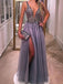 Shiny Sequin Beading Tulle Silt Sleeveless A-line Prom Dresses,PD00195