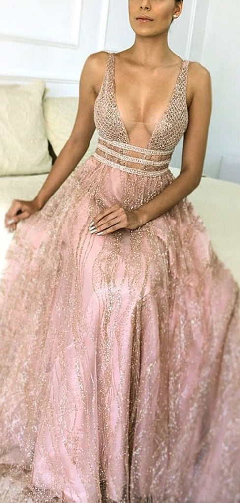 Shiny Sequin Lace Beading Sleeveless A-line Prom Dresses.PD00268