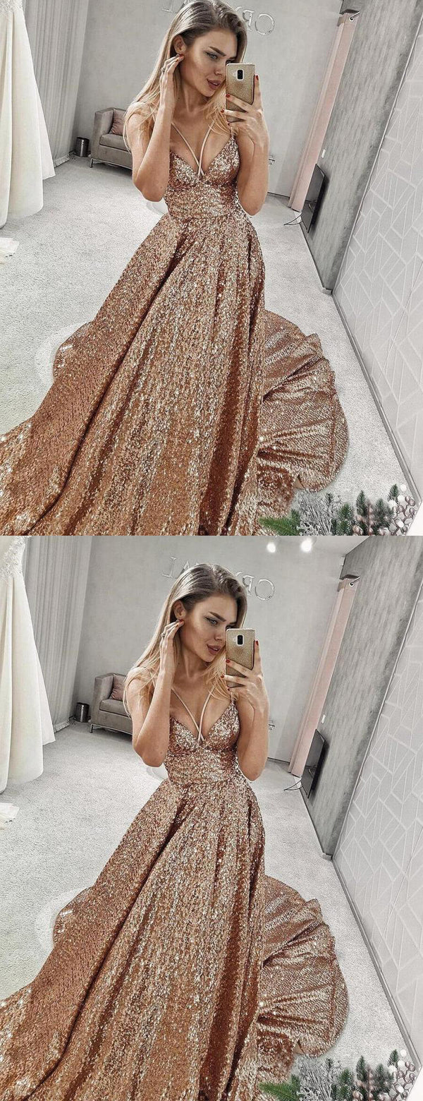 Shiny Sequin Spaghetti Strap Fashion Prom Dresses .PD00267  AlineBridal