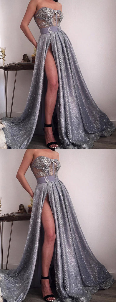 Shiny Silver Sequin Applique Strapless Illusion Prom Dresses,PD00181