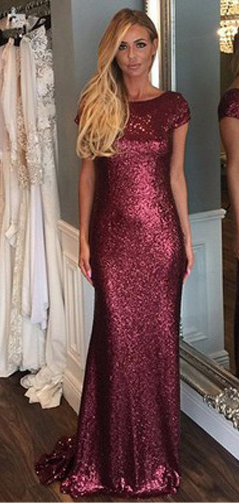 Short Sleeve Mermaid Sexy Pretty Women Sequin Custom Make Long Cheap Bridesmaid Dresses, WG75