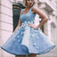 Sky Blue Beaded Appliques Handmade Flowers Stunning Homecoming Dresses,BD00111