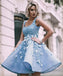 Sky Blue Beaded Appliques Handmade Flowers Stunning Homecoming Dresses,BD00111