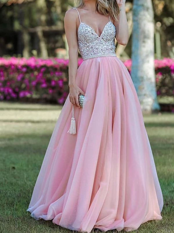 Silver Beading Pink Tulle Spaghetti Strap Backless Prom Dresses,PD0029 AlineBridal Silver Beading Pink Tulle Spaghetti Strap Backless Prom Dresses,PD0029 AlineBridal
