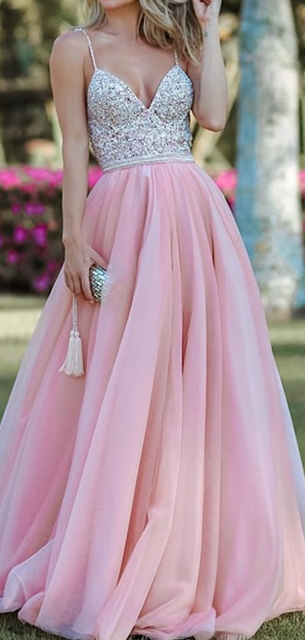 Silver Beading Pink Tulle Spaghetti Strap Backless Prom Dresses,PD0029 AlineBridal Silver Beading Pink Tulle Spaghetti Strap Backless Prom Dresses,PD0029 AlineBridal