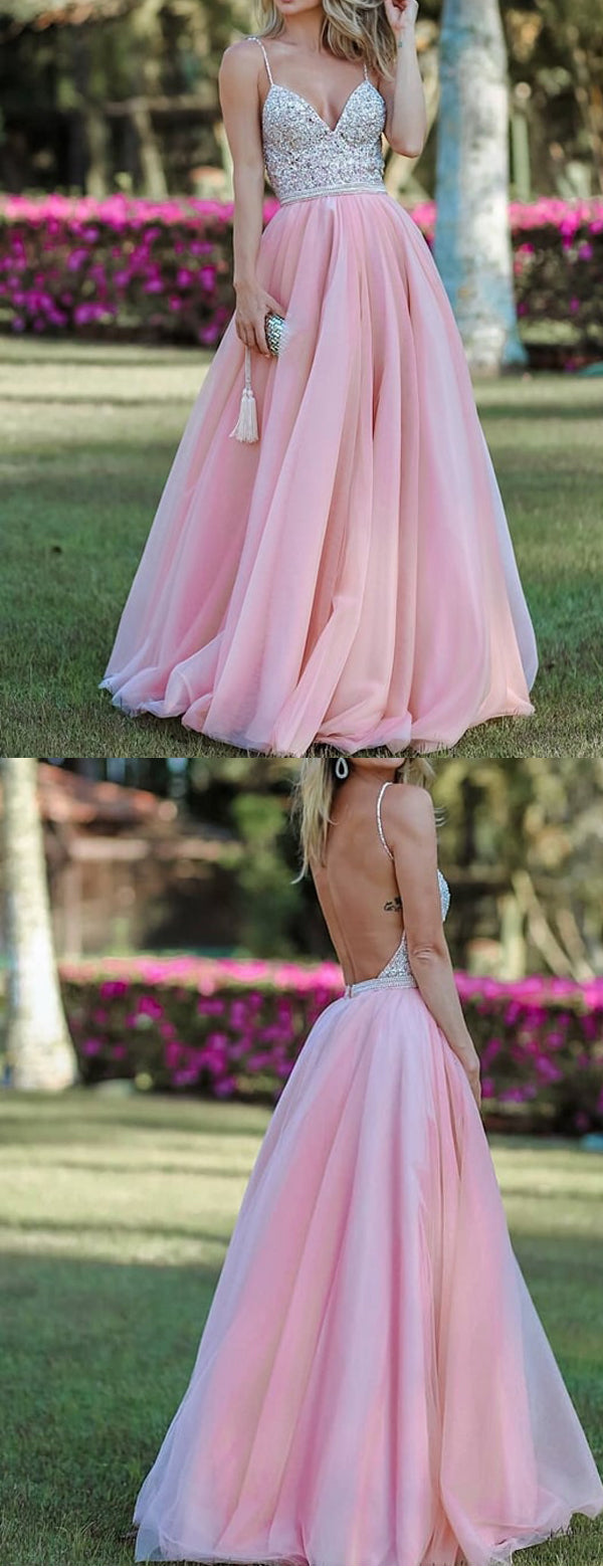 Silver Beading Pink Tulle Spaghetti Strap Backless Prom Dresses,PD0029 AlineBridal Silver Beading Pink Tulle Spaghetti Strap Backless Prom Dresses,PD0029 AlineBridal