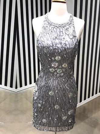 Silver Beading Rhinestone Open Back Sheath Homecoming Dresses,HD0041