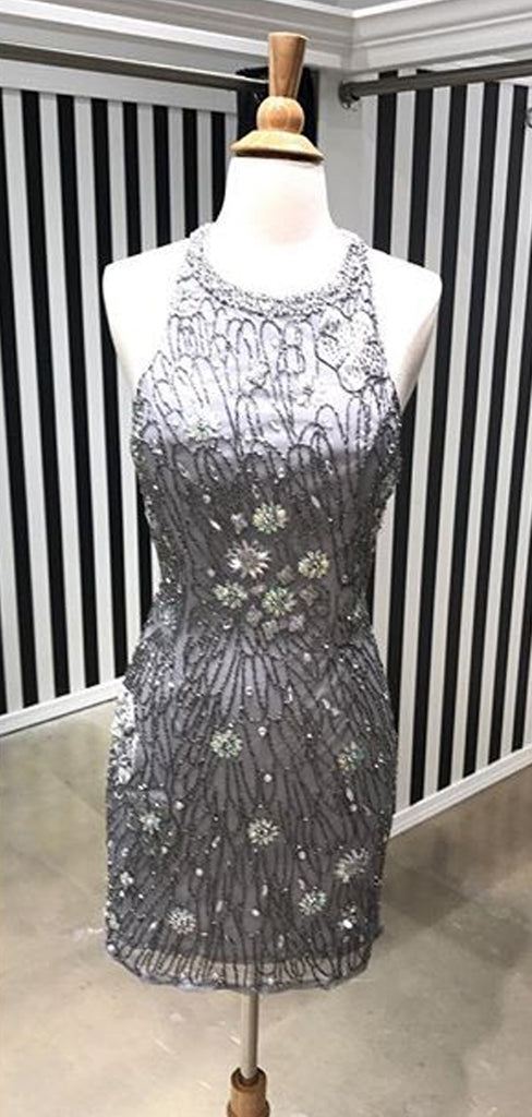 Silver Beading Rhinestone Open Back Sheath Homecoming Dresses,HD0041