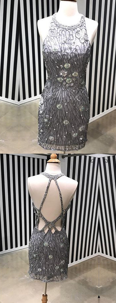 Silver Beading Rhinestone Open Back Sheath Homecoming Dresses,HD0041