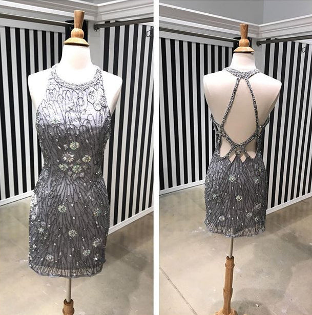 Silver Beading Rhinestone Open Back Sheath Homecoming Dresses,HD0041