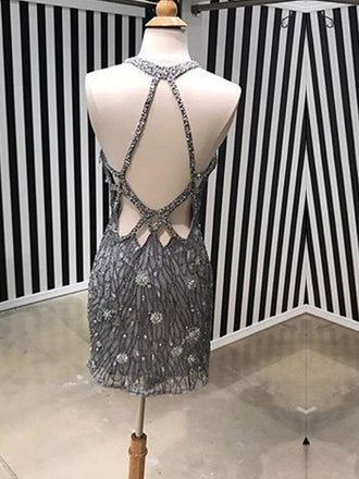 Silver Beading Rhinestone Open Back Sheath Homecoming Dresses,HD0041
