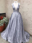 Silver Sequin Lace Beading Ball Gown Sleeveless Prom Dresses.PD00264