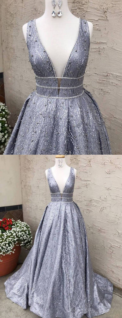 Silver Sequin Lace Beading Ball Gown Sleeveless Prom Dresses.PD00264