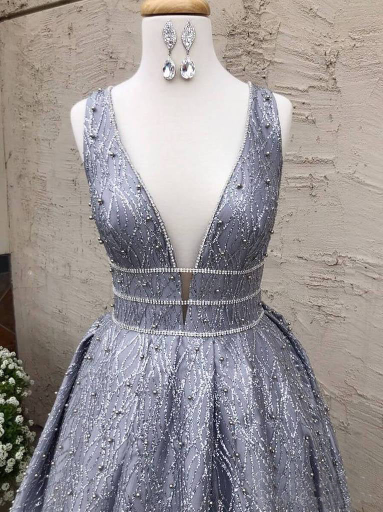 Silver Sequin Lace Beading Ball Gown Sleeveless Prom Dresses.PD00264