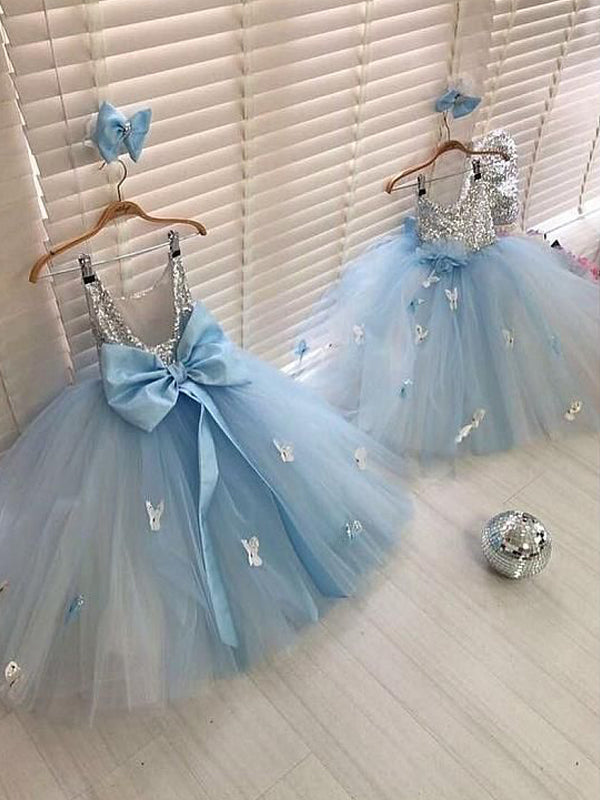 Silver Sequin Pale Blue Tulle Butterfly Applique Flower Girl Dresses, FGS142
