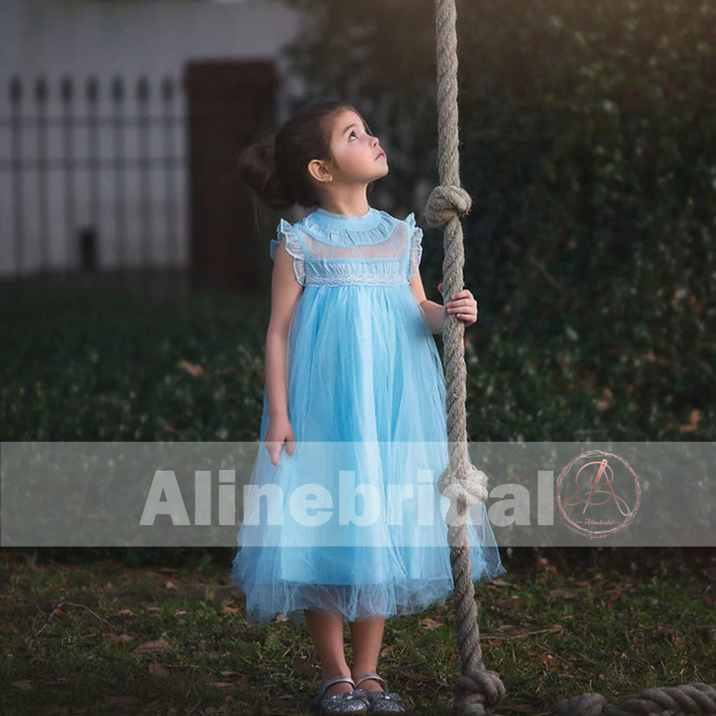 Simple Bright Blue Tulle Cap Sleeve High Neck Flower Girl Dresses, FGS065