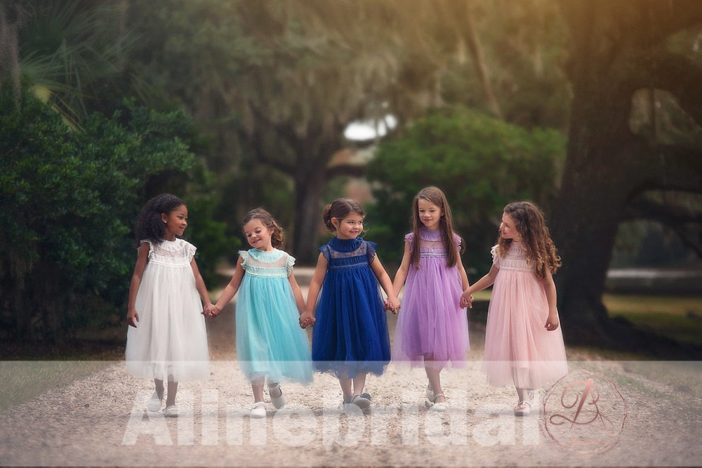 Simple Bright Blue Tulle Cap Sleeve High Neck Flower Girl Dresses