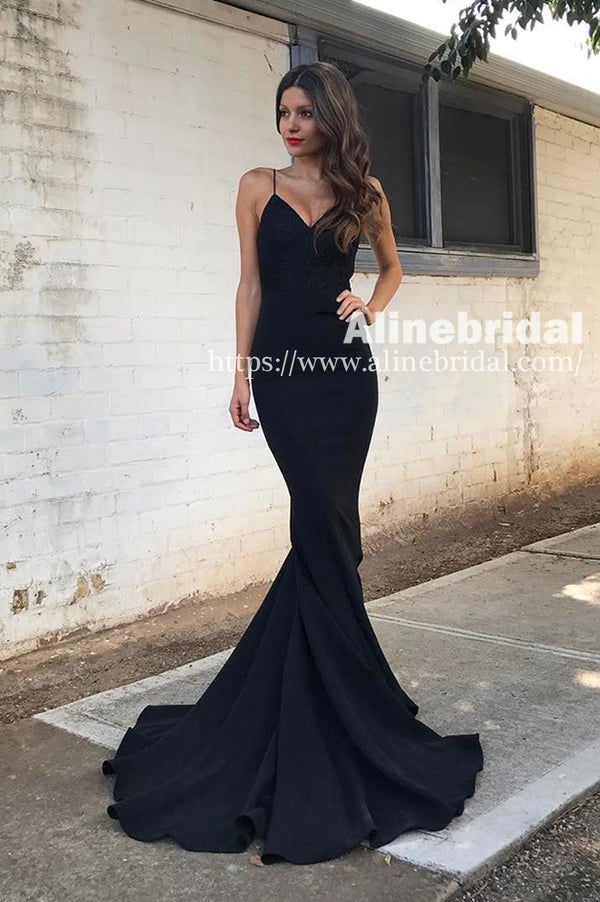 Simple Cheap Spaghetti Strap Black Mermaid Formal Party Prom Dresses , – AlineBridal