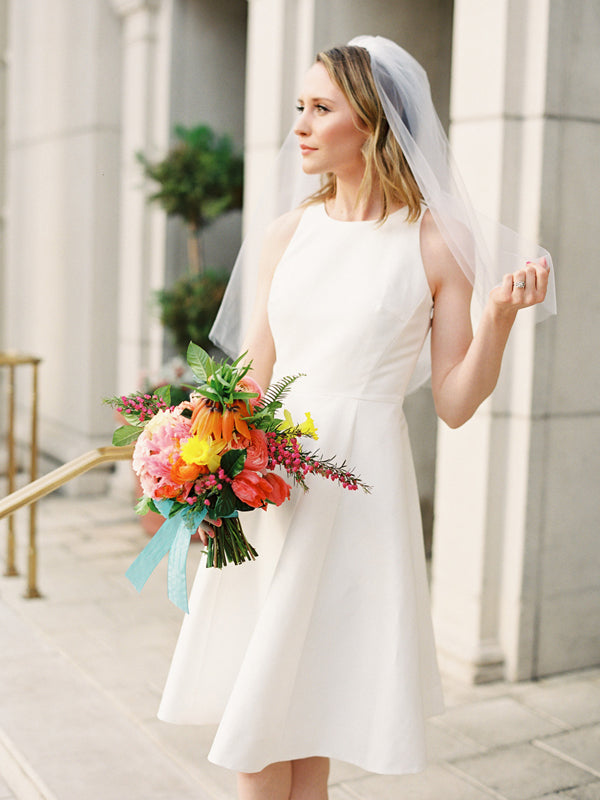 Simple Elegant Ivory Satin Open Back Round Neck Short Wedding