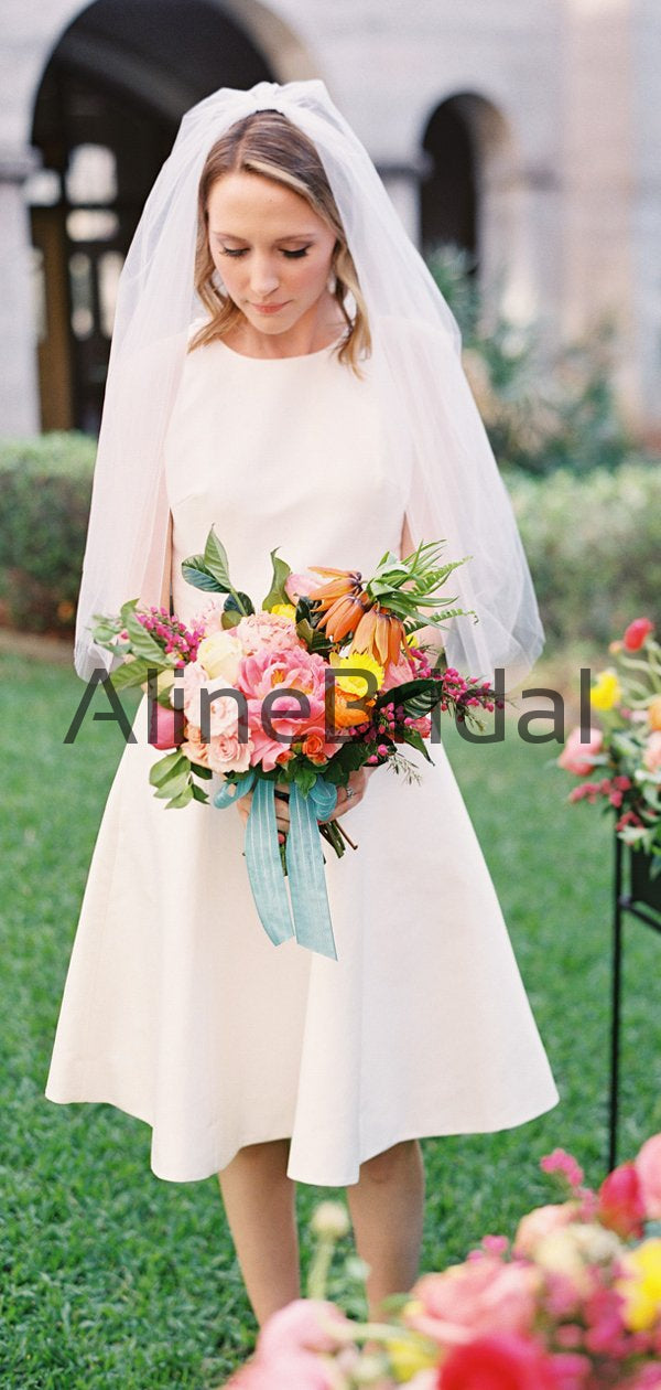 Simple Elegant Ivory Satin Open Back Round Neck Short Wedding Dresses AlineBridal