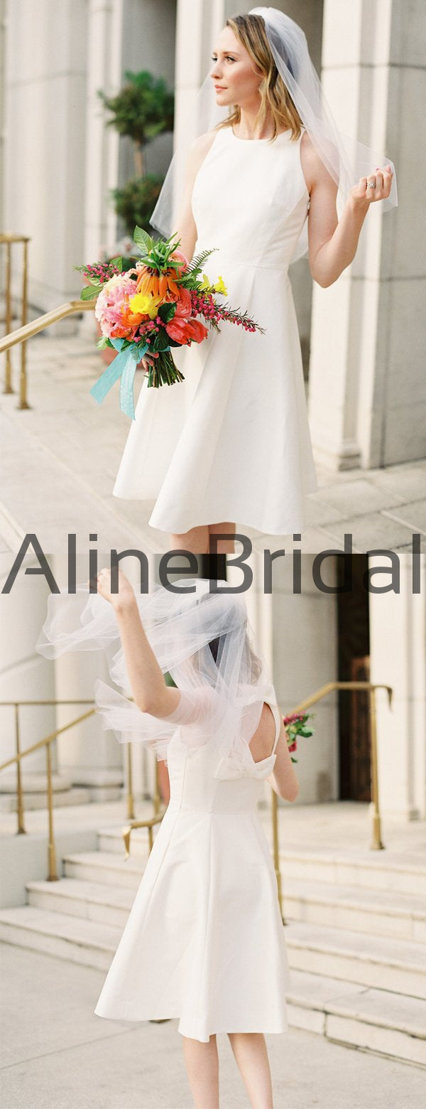 Simple Elegant Ivory Satin Open Back Round Neck Short Wedding Dresses, AlineBridal Simple Elegant Ivory Satin Open Back Round Neck Short Wedding Dresses, AlineBridal