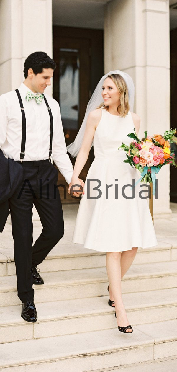 Simple Elegant Ivory Satin Open Back Round Neck Short Wedding Dresses, AlineBridal Simple Elegant Ivory Satin Open Back Round Neck Short Wedding Dresses, AlineBridal
