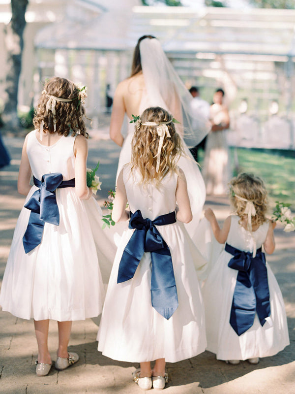 blue dress white belt Simple Ivory Satin Navy Vintage Flower Girl Dresses, FGS108 – AlineBridal Asymmetrical One Long Sleeve Finished with a coordinating Colour:Natural Melange Work Shop