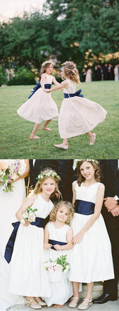 Simple Ivory Satin Navy Belt Vintage Flower Girl Dresses, FGS108