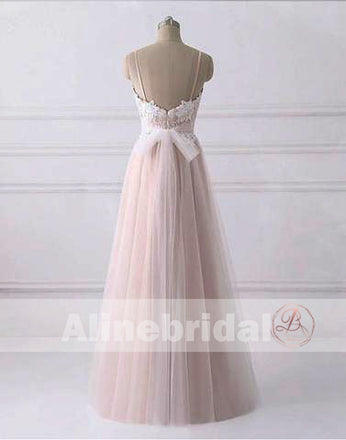 Simple Lace Top Light Pink Tulle Spaghetti Strap A-line Wedding Dresses, AB1147