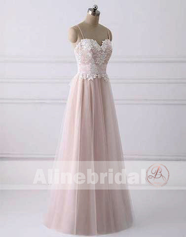 Simple Lace Top Light Pink Tulle Spaghetti Strap A-line Wedding Dresses, AB1147