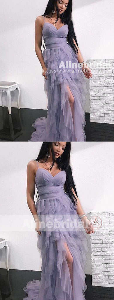 Simple Lilac Spaghetti Strap Ruffles Prom Dresses With Slit ,PD00108