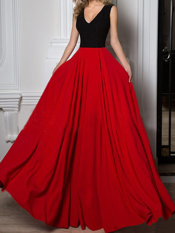 Simple Long A-line Black Lace Top Red Chiffon Sleeveless Charming Prom AlineBridal Simple Long A-line Black Lace Top Red Chiffon Sleeveless Charming Prom AlineBridal