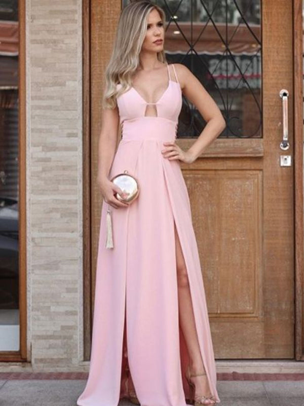 Simple Pink Sleeveless Spaghetti Strap A-line Long Prom Dresses.PD00240