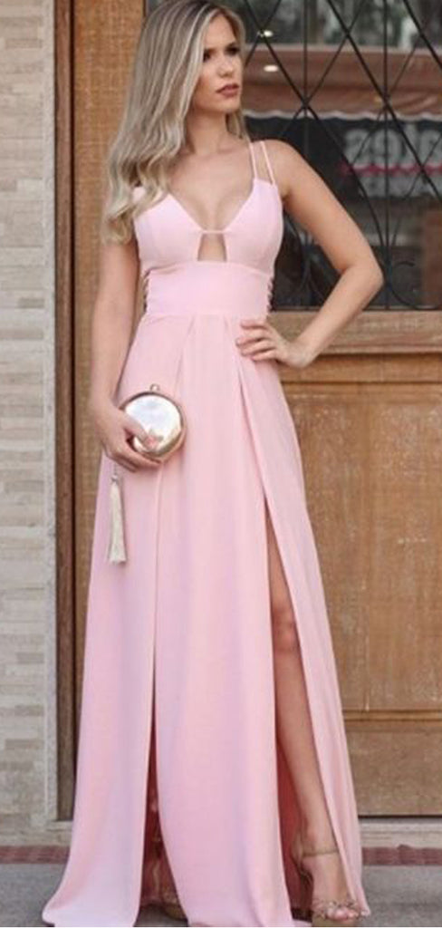 Simple Pink Sleeveless Spaghetti Strap A-line Long Prom Dresses.PD00240