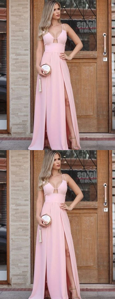 Simple Pink Sleeveless Spaghetti Strap A-line Long Prom Dresses.PD00240