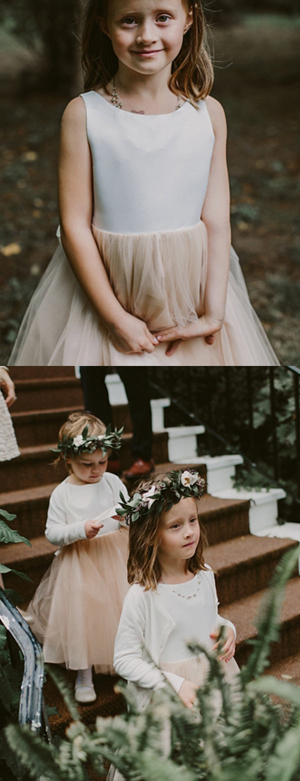 Crew Neck Tulle Flower Girl Dresses with Pearls & Satin Bowknot