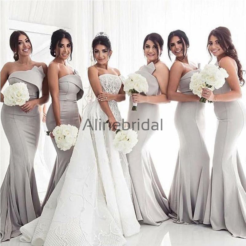 Simple Strapless Sexy Grey Satin Mermaid Long Bridesmaid Dresses, AB4003