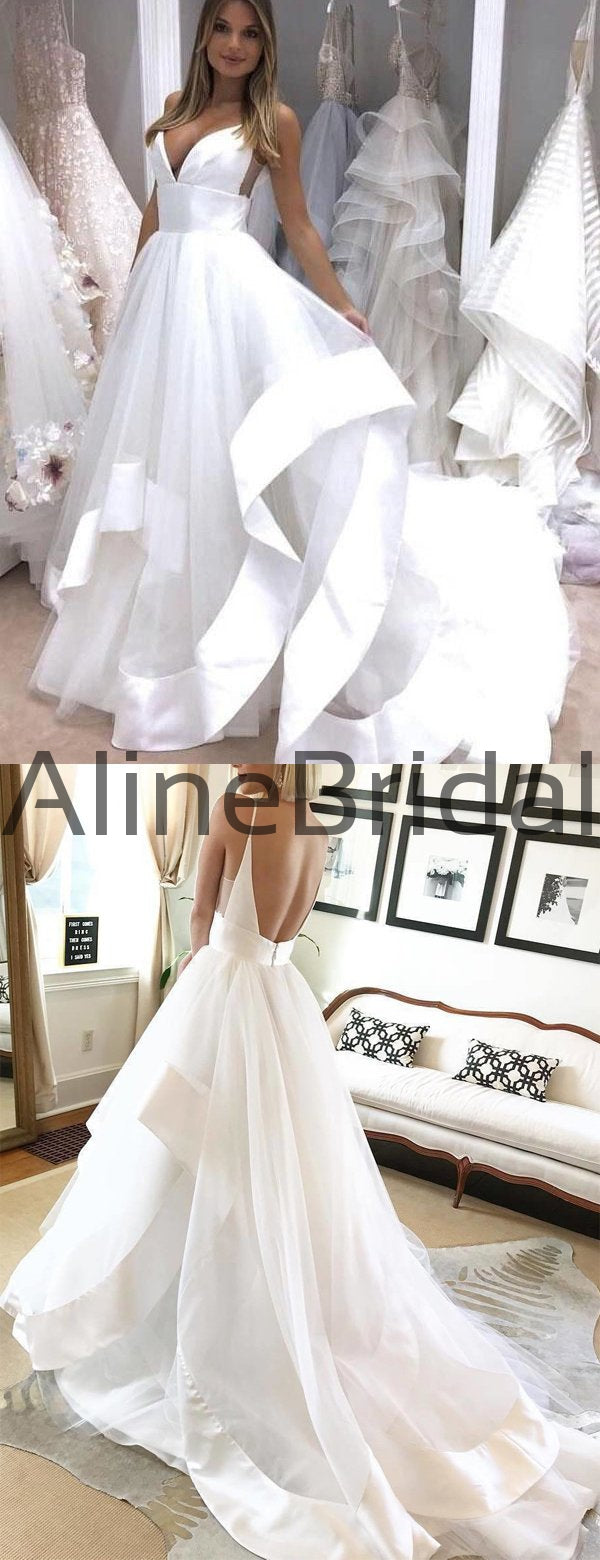 Simple White Spaghetti Strap Backless Beach Wedding Dresses, AB1522   AlineBridal