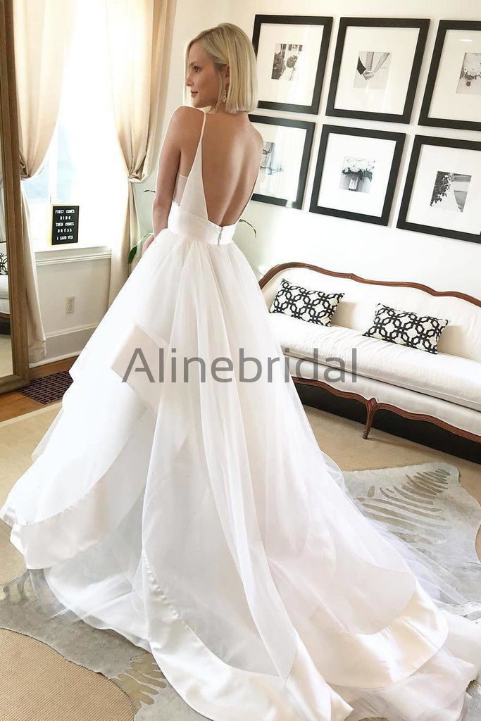 Simple White Spaghetti Strap Backless Beach Wedding Dresses, AB1522