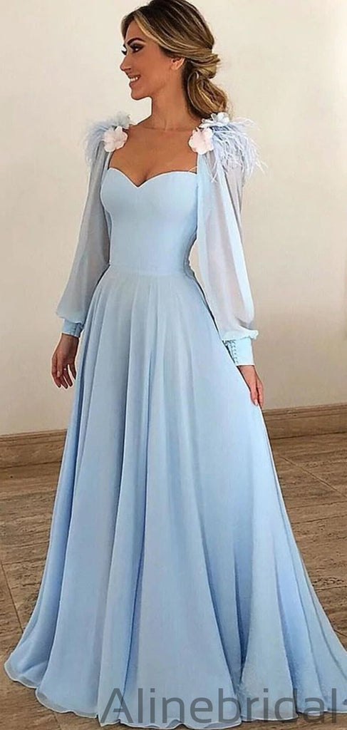 Sky Blue Long Chiffon Prom Dresses With Sleeves Modest Formal Dress PD1046