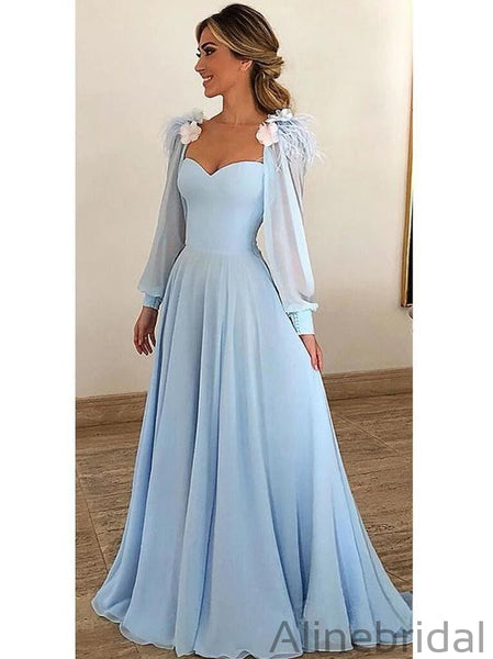 strapless open back dress Sky Blue Long Chiffon Prom Dresses With Sleeves Modest Formal Dress PD –  AlineBridal