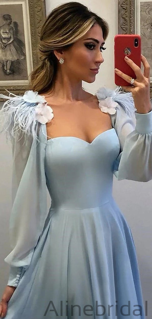 Sky Blue Long Chiffon Prom Dresses With Sleeves Modest Formal Dress PD1046