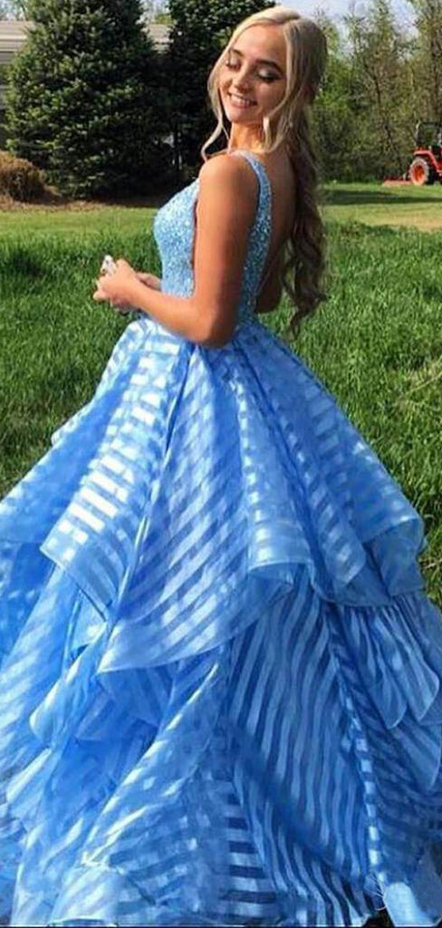 Sky Blue Beading Unique Organza Ball Gown Sleeveless Prom Dresses,PD00332