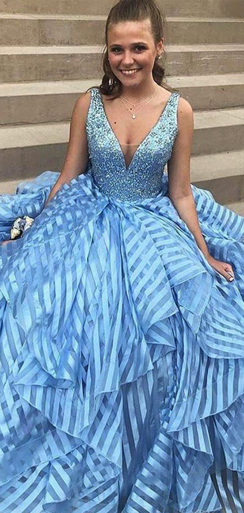 Sky Blue Beading Unique Organza Ball Gown Sleeveless Prom Dresses,PD00332