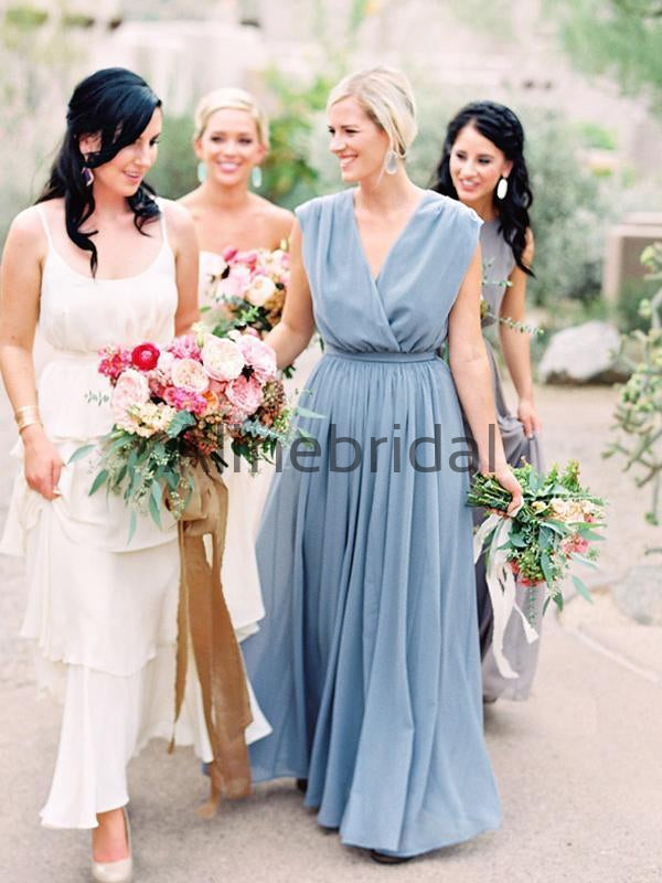 Sky Blue Chiffon V-neck Boho Long Birdesmaid Dresses, AB4135