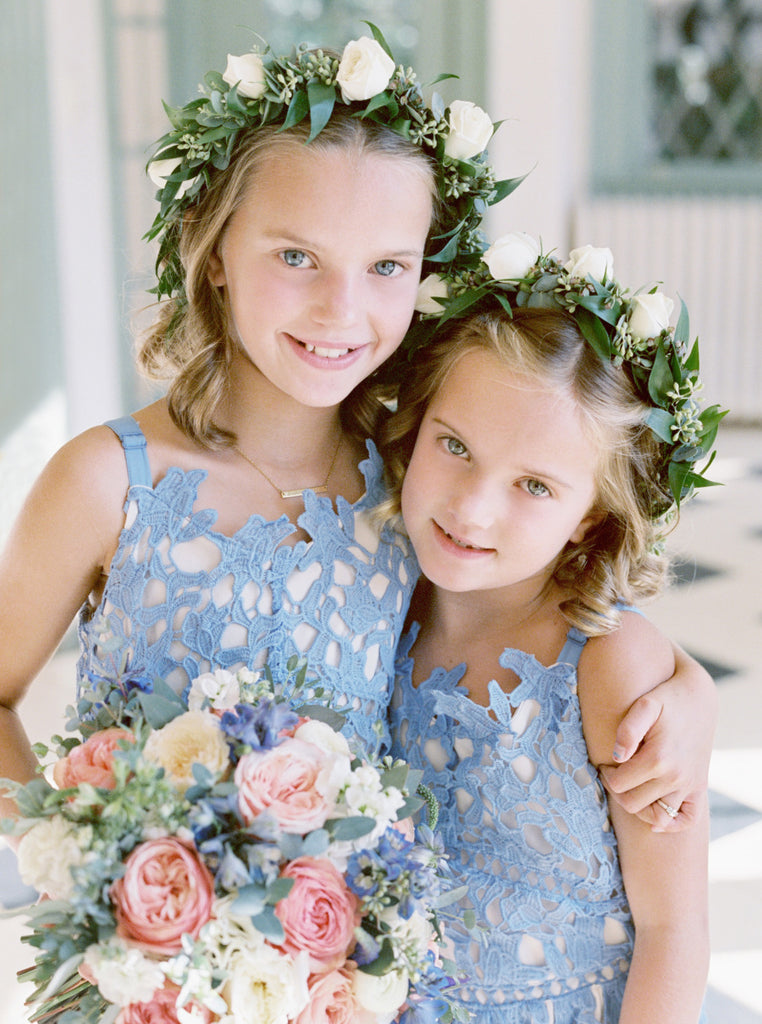 Sky Blue Lace Sheath Sleeveless Boho Long Flower Girl Dresses, FGS107