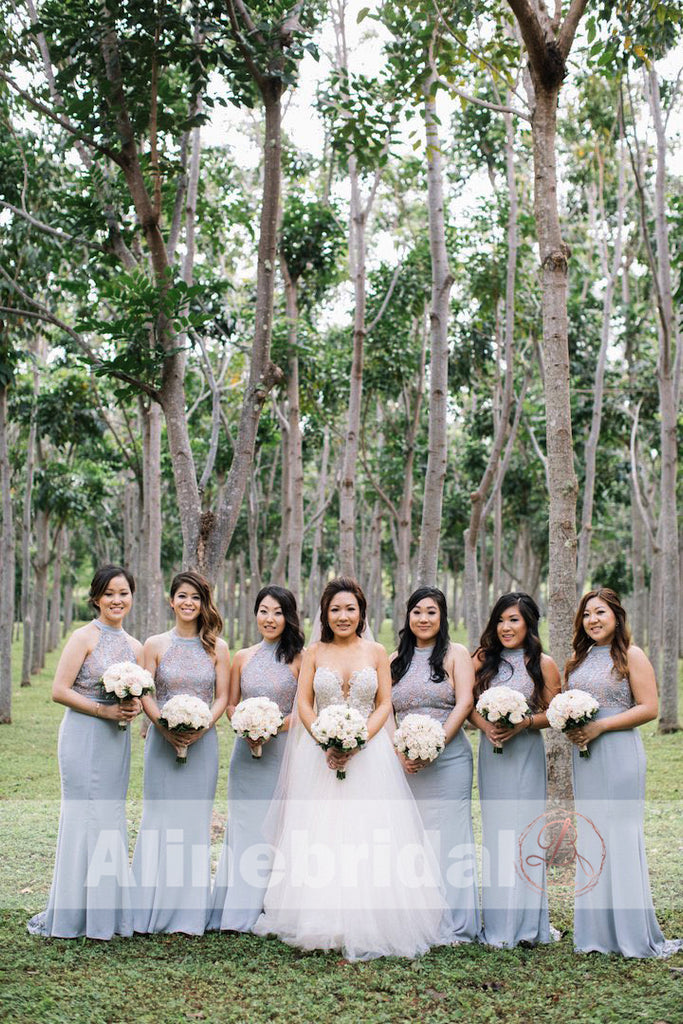 Sky Blue Lace Top Mermaid Halter Elegant Bridesmaid Dresses, AB1222